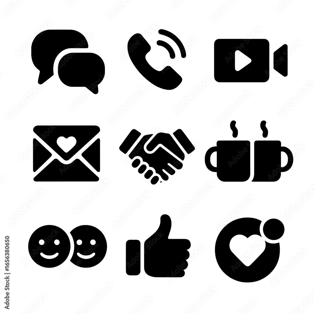 Poster communication icons grid. solid, filled icon set of communication and connection: speech bubbles, mo