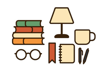 Desk objects: books, lamp, notebook, glasses, and coffee cup
