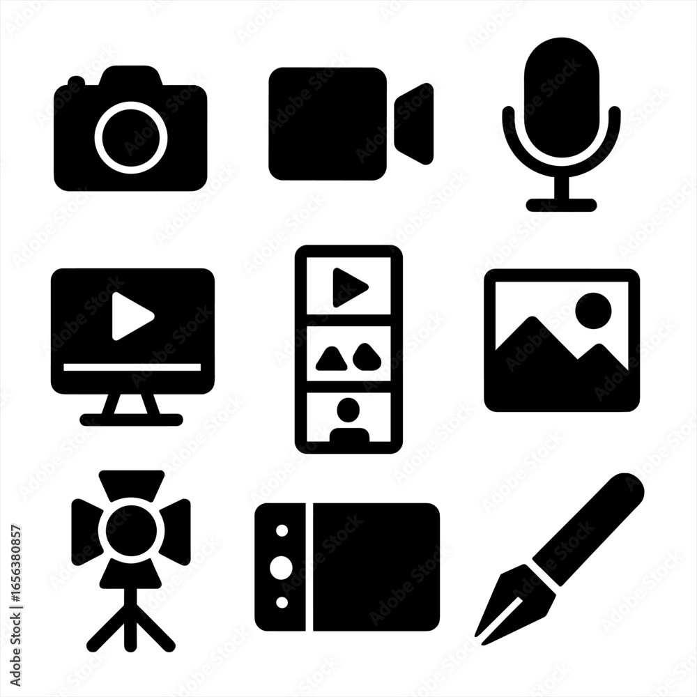Poster content creation icons. solid, filled icon set of content creation: camera, video recorder, micropho