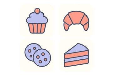 Sweet baked goods icons: cupcake, croissant, cookies, cake