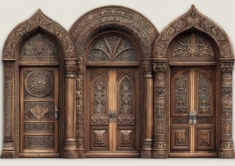 Obraz premium Ornate wooden doors with intricate carvings. Three arched entryways, detailed with elaborate wood carvings