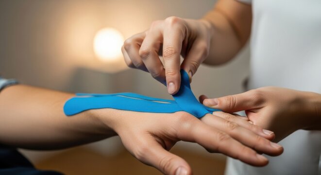 Physical Therapist Applying Blue Kinesiology Tape on Arm in Clinic
