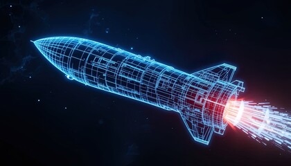 A futuristic, glowing wireframe missile launches into a dark space, showcasing intricate design and energetic thrust.