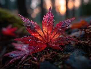 Vibrant red maple leaf on forest floor at sunset
