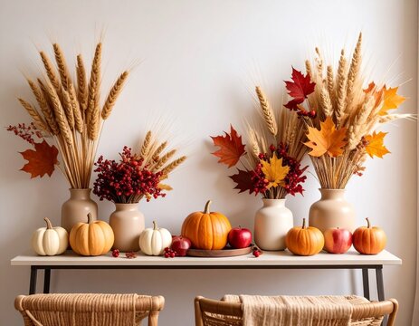 Bountiful autumn harvest arrangement featuring pumpkins, wheat bouquets, and colorful fall leaves for a festive Thanksgiving tablescape.