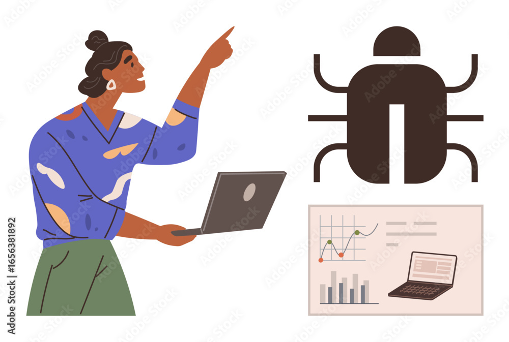 Poster woman holding laptop pointing at large bug graphic, data charts, graphs, and analytics screen. ideal