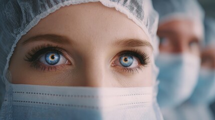 Medium shot of technicians eyes visible above mask focused during gowning checklist sharp eye detail contrasts with blurred sterile suit and buddy in background.