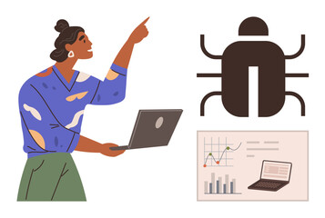 Woman holding laptop pointing at large bug graphic, data charts, graphs, and analytics screen. Ideal for problem solving, debugging, coding, software development, data analysis teamwork technology