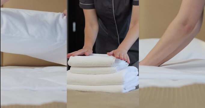 Split screen shot of cleaning room service in hotel, woman maid making bed in hotel room. Hotel service, maid prepares the room for travelers to check in.