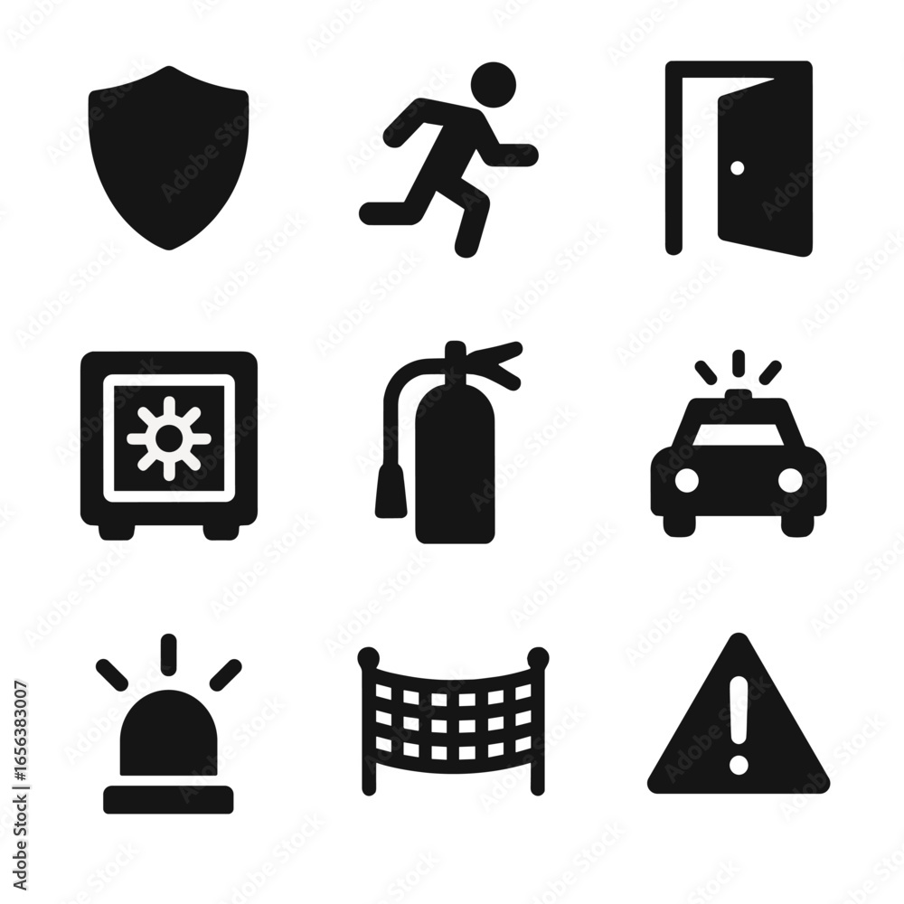 Poster emergency icons grid. solid, filled icon set of escaping from danger: shield, running person, exit d