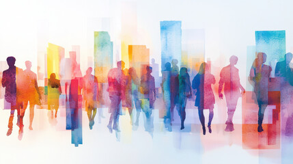 Colorful silhouettes of people walking through abstract cityscape, blending vibrant hues of blue, pink, and yellow, creating lively atmosphere