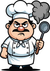 Angry cartoon chef holding steaming spoon, funny kitchen character in uniform, vector illustration for food, cooking, restaurant, kitchen humor design