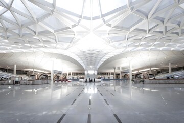 Obraz premium Futuristic Hangzhou West Railway Station Interior with Geometric Ceiling Design and Modern Architecture in China