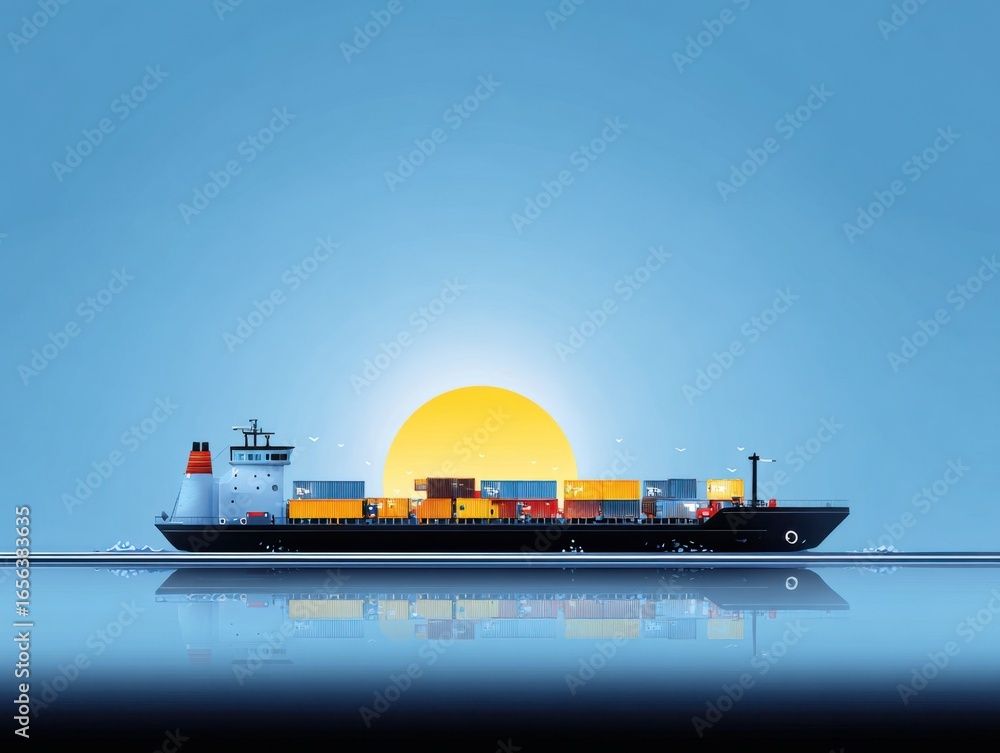 Poster a large ship is sailing on the ocean with a sun in the background. the ship is carrying a large numb