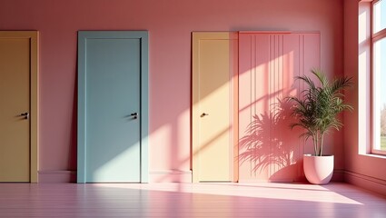 Fototapeta premium Pastel-toned interior with colorful doors and a potted plant.
