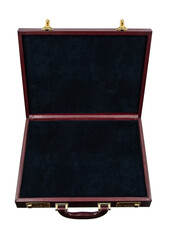 Open leather briefcase with gold locks