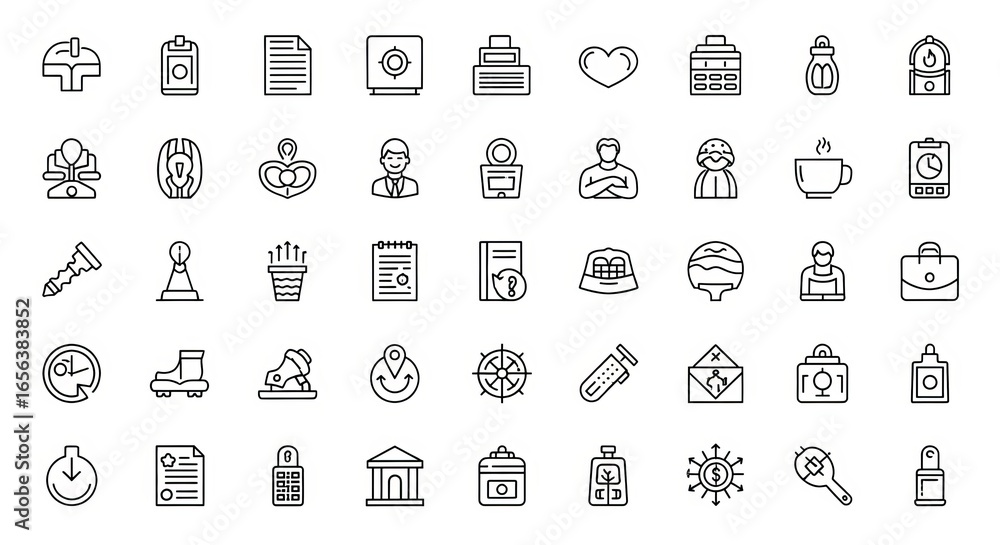 Poster Collection of diverse outline icons representing various concepts and objects