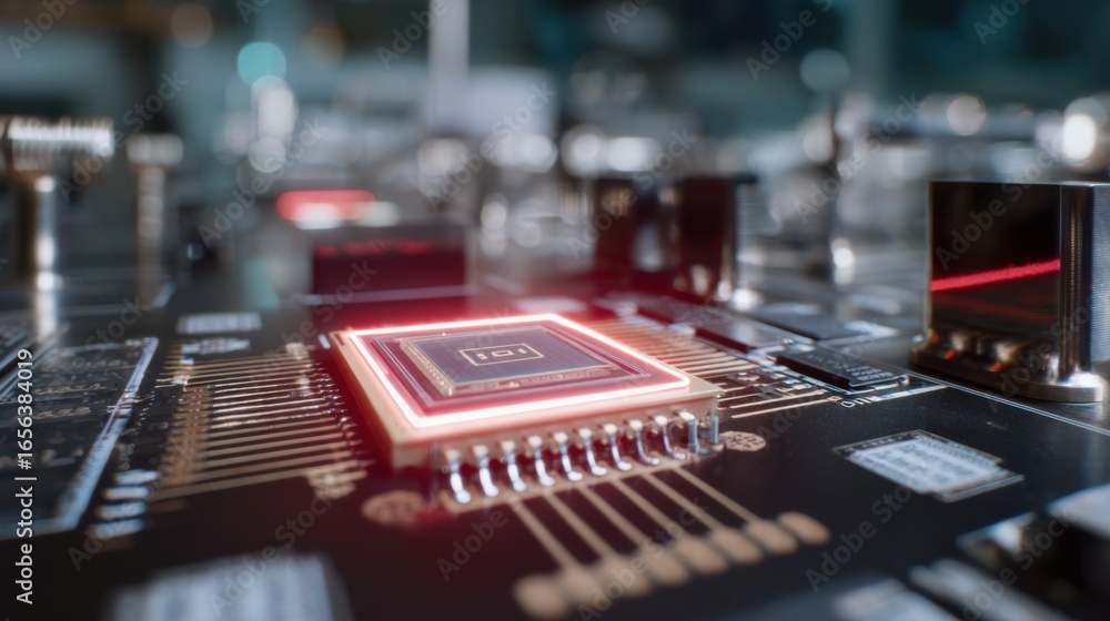 Poster medium angle shot emphasizing the glowing quantum rng chip in a burnin rack the chips surface illumi