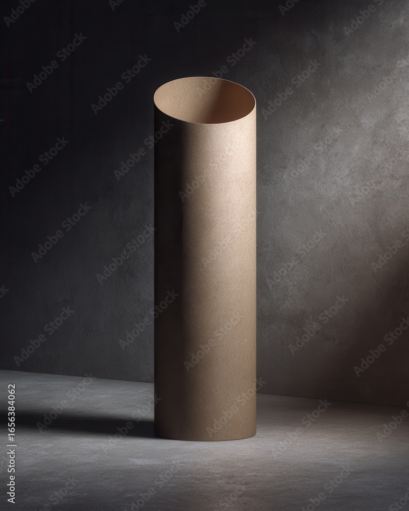 Poster minimalist cylindrical structure on a dark textured background showcasing simplicity and elegance in