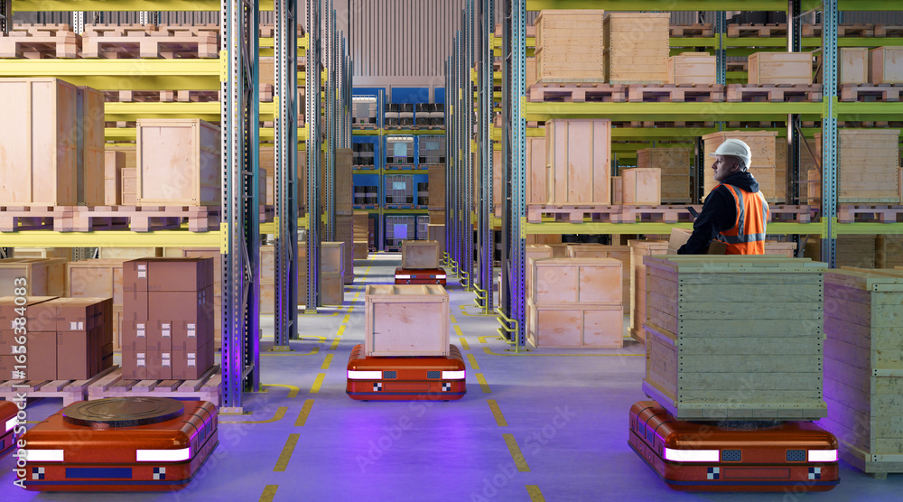 Poster warehouse with worker in helmet and safety vest supervising autonomous robots moving wooden crates a