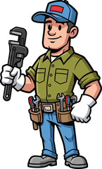 Fototapeta premium Cartoon plumber holding pipe wrench, wearing tool belt and gloves, professional handyman character for repair, plumbing service, maintenance, or construction concept