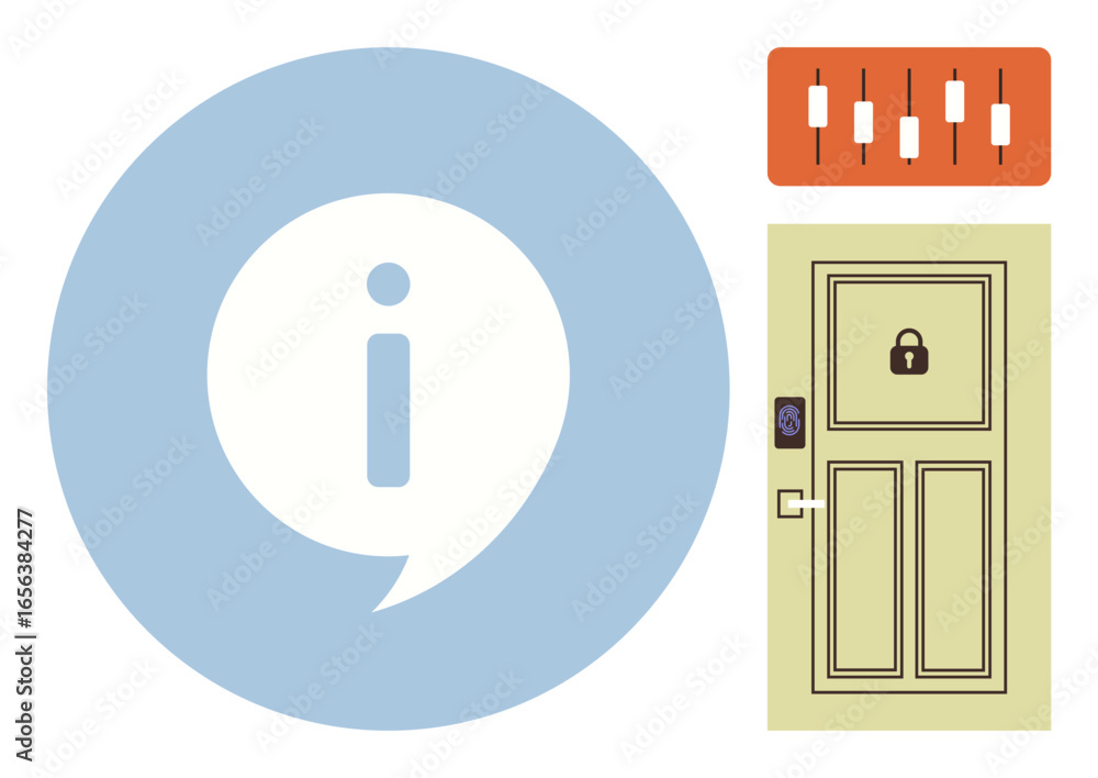 Poster blue info icon next to a locked beige door with access control pad and data slider interface. ideal 
