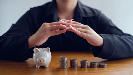  saving with growing your money to real estate owner in the future concept.Close up of stacking...