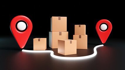 3D illustration of cardboard boxes with location markers and a glowing route line, representing logistics, supply chain, delivery tracking, and shipping route optimization.