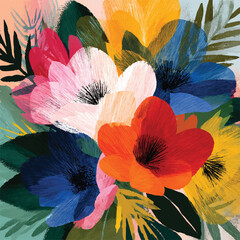 A vibrant and colorful illustration of tropical flowers, leaves, and plants in an abstract styl