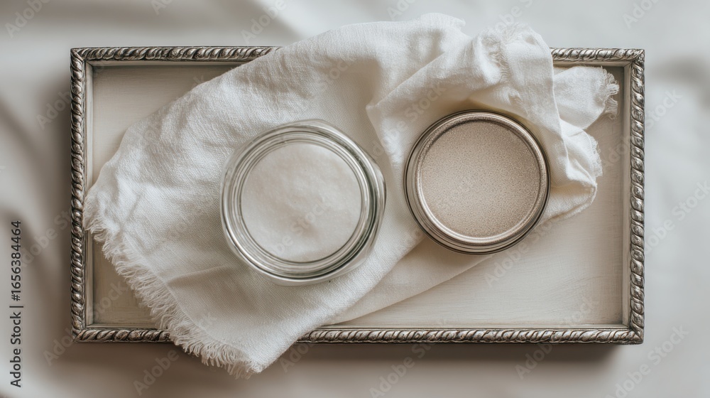 Poster minimalist display of glass containers on a soft fabric background with a decorative tray in natural