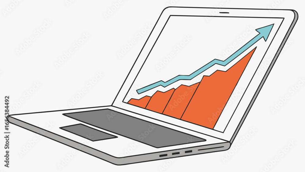 Poster laptop displaying upward trending bar graph and arrow.