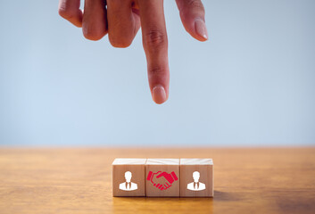 Cubes with handshake symbol. Business agreement between different parties. Business deal,...