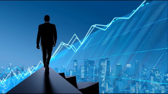 Business professional stands on steps overlooking city skyline with rising graph in background