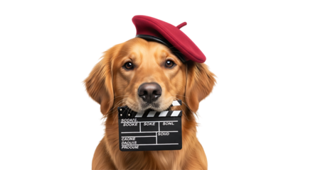Golden retriever dog is holding a movie slate isolated on transparent background