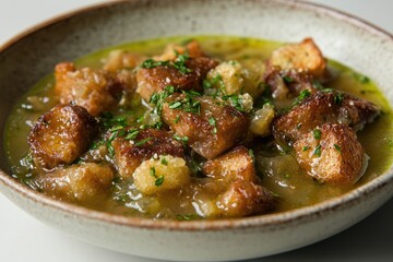 A shallow bowl holds French onion soup; caramelized onions, golden croutons, and fresh herbs in a rich broth