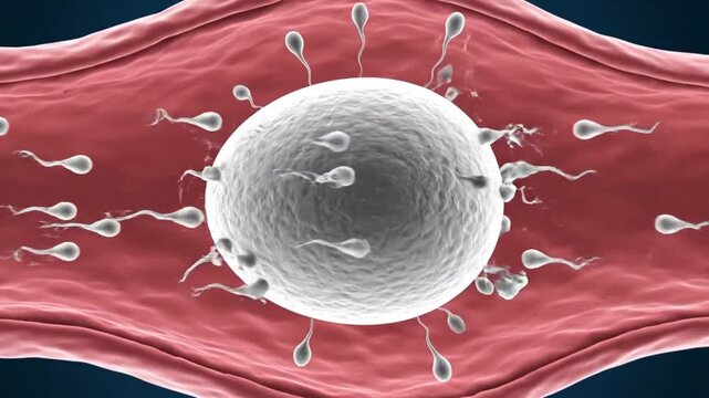Microscopic Sperm Cells Swarming Around Ovum for Fertilization in The Fallopian Tube in a 3D Animation with Detailed Pink and Red Vessel Walls On Blue Background and Demonstrates Human Reproduction