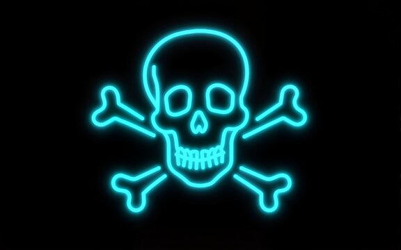 Cyan neon skull and crossbones on black background. High quality
