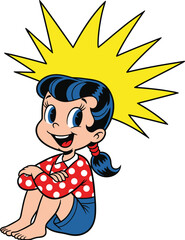 Cheerful cartoon girl with bright spiky yellow hair, sitting cross-legged in red polka dot shirt, playful vector character for children’s content