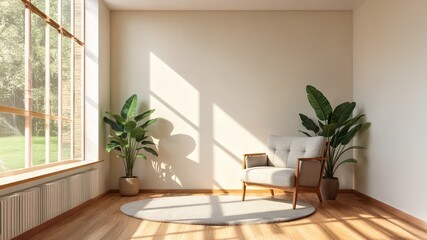 Neutral interior background for video conferencing featuring a cozy chair, plants, and natural light, perfect for remote work, online meetings, and professional settings.