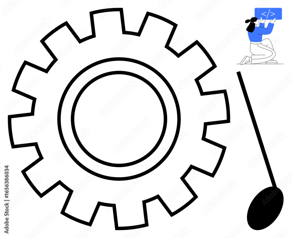 Poster gear and pendulum convey automation and time, paired with a developer coding on a laptop. ideal for 