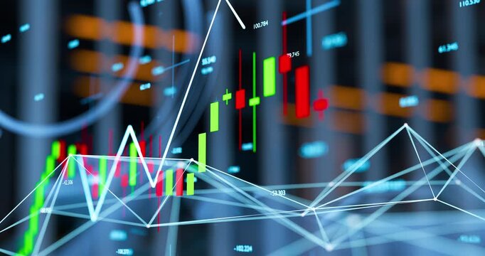 candlestick chart of the stock market or bond market, financial indicators and charts with red and green candles and plexus animation