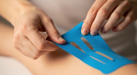 Fototapeta premium Therapist Applying Blue Kinesiology Tape on Patient's Leg in Medical Setting