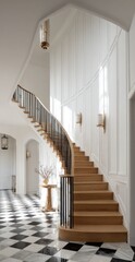 Elegant, light-filled, curved staircase in a home's foyer