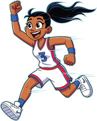 Excited basketball girl in white and blue uniform running fast, energetic expression, ponytail hair, sports action, smiling athlete, dynamic vector illustration