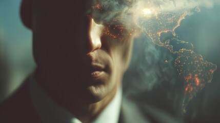 Concept of globalization represented by a business professional with a world map overlay. Ideal for discussions on international business, economy, and global connectivity.