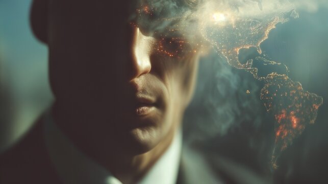 Concept of globalization represented by a business professional with a world map overlay. Ideal for discussions on international business, economy, and global connectivity.