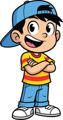 Happy cartoon boy with blue cap, crossed arms, smiling kid wearing yellow and red striped t-shirt, blue jeans and white sneakers, vector art illustration