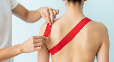 Therapist Applying Red Kinesiology Tape to Woman's Back in Medical Setting