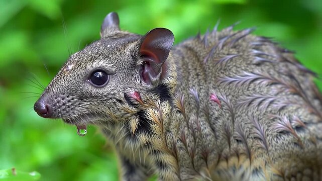 Spotted Genet Portrait in Verdant Jungle. Close-up of a Wild Mammal with Detailed Fur and Expressive Features Amidst Lush Green Foliage.