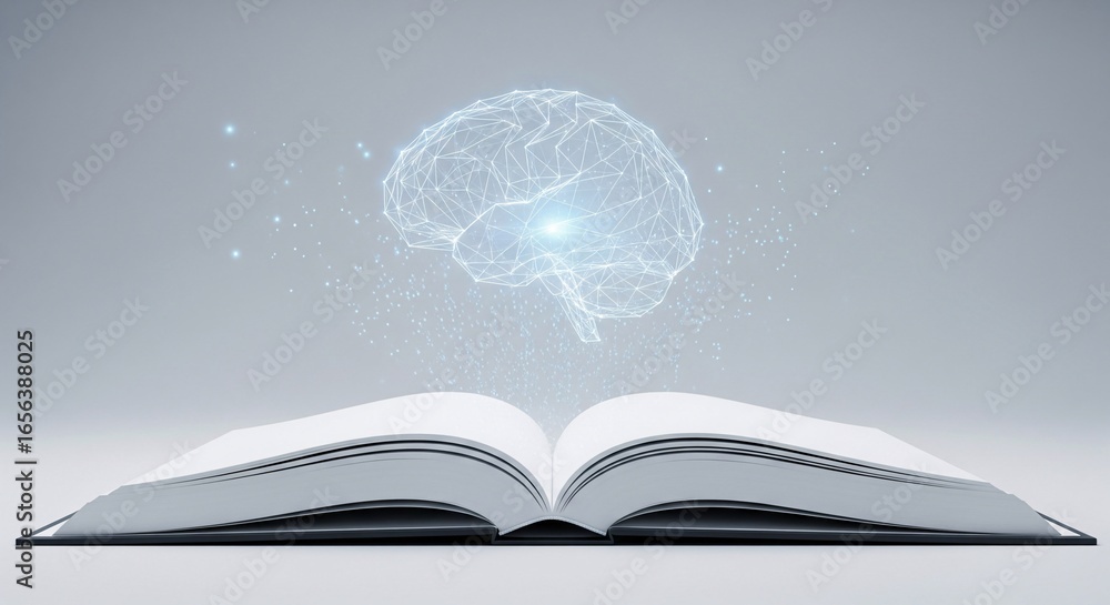Poster abstract digital brain emerging from an open book